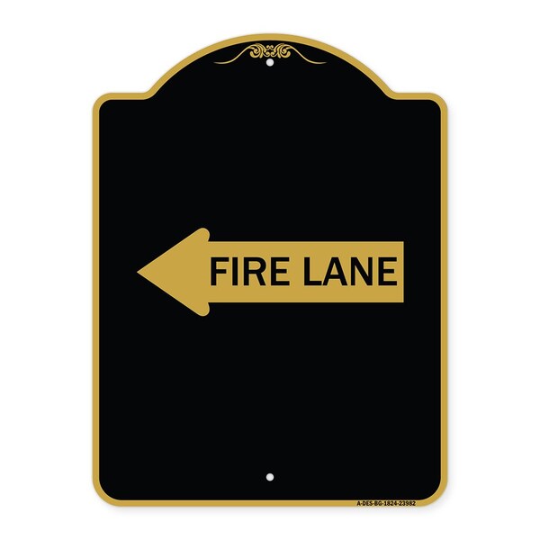 Designer Series Sign-Fire Lane Left Arrow, Black & Gold Aluminum Sign, 18" x 24", BG-1824-23982